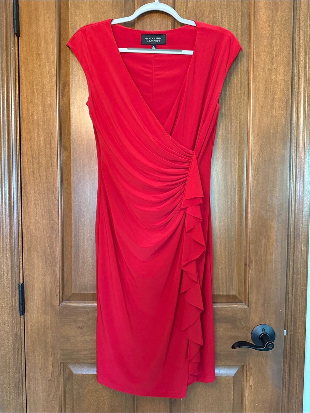 Evan-Picone Black Label Scarlet Red Draped Ruffle Midi Dress
